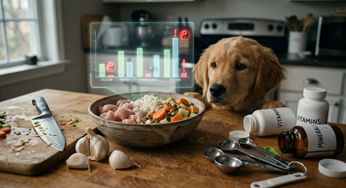 A half-prepared homemade pet meal on a messy kitchen counter with unmeasured ingredients, scattered supplements, and unsafe foods, illustrating the nutritional risks, guesswork, and formulation complexity of unbalanced homemade pet diets.