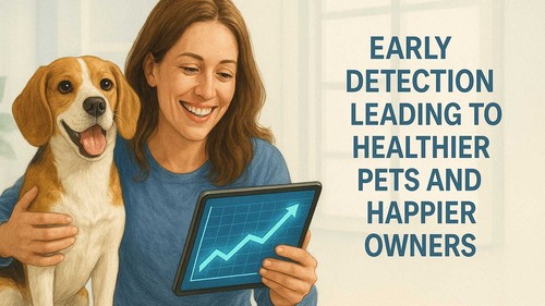 A happy pet owner using a digital tablet to track pet health data, highlighting the benefits of early detection for healthier pets.