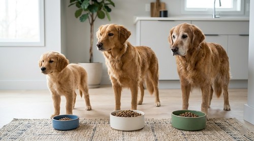 Puppy, adult dog, and senior dog feeding schedules shown with separate food bowls