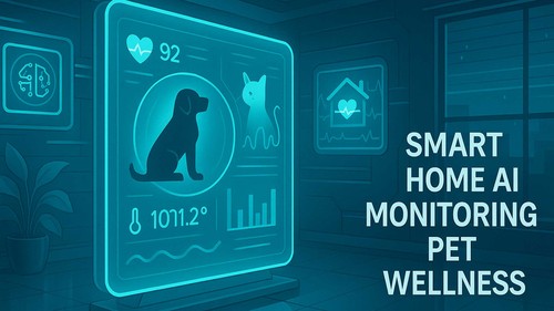 Smart home AI system monitoring pet wellness by displaying vital signs for dogs and cats on a digital interface.