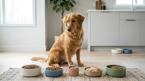 Dog looking at multiple food options appearing confused or overwhelmed  